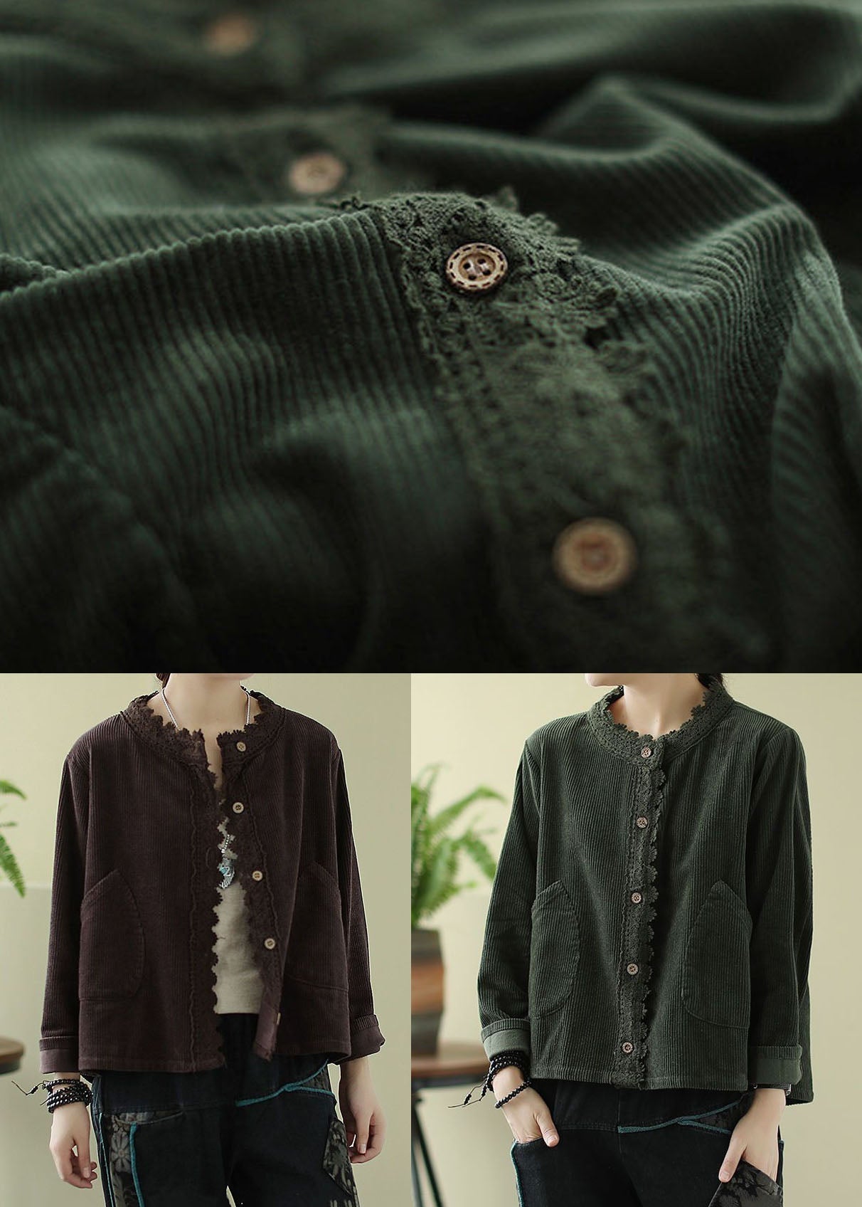 Green Pockets Patchwork Lace Corduroy Coats Long Sleeve
