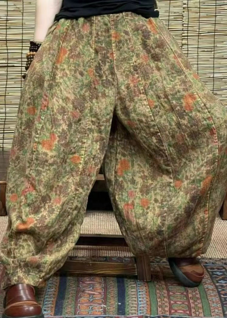 Green Pockets Patchwork Cotton Blend Lantern Pants Elastic Waist Summer