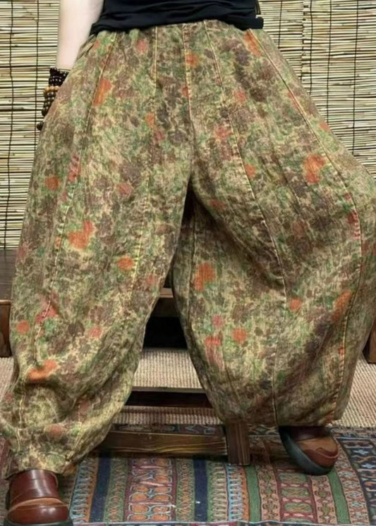 Green Pockets Patchwork Cotton Blend Lantern Pants Elastic Waist Summer