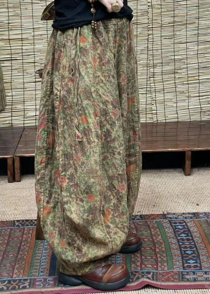 Green Pockets Patchwork Cotton Blend Lantern Pants Elastic Waist Summer