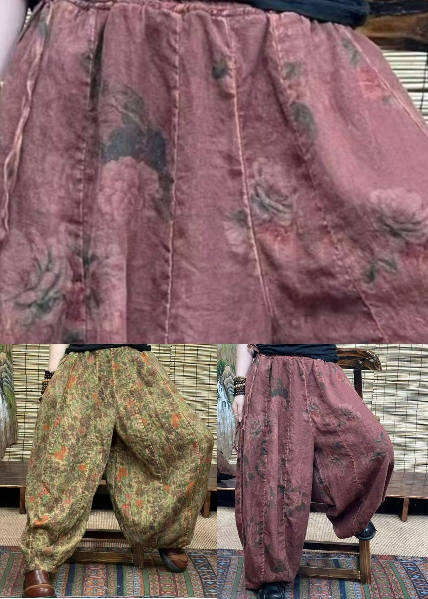Green Pockets Patchwork Cotton Blend Lantern Pants Elastic Waist Summer