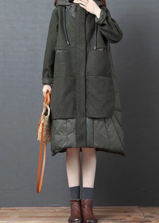 Green Pockets Patchwork Thick Long Coat Zip Up Long Sleeve