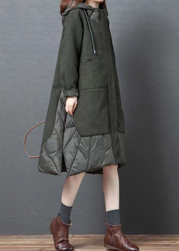 Green Pockets Patchwork Thick Long Coat Zip Up Long Sleeve