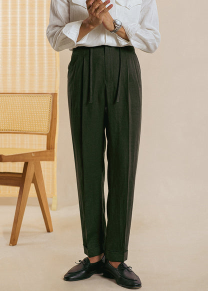 Green Pockets Linen Pants Clothing Drawstring