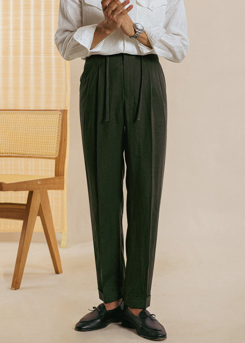 Green Pockets Linen Pants Clothing Drawstring