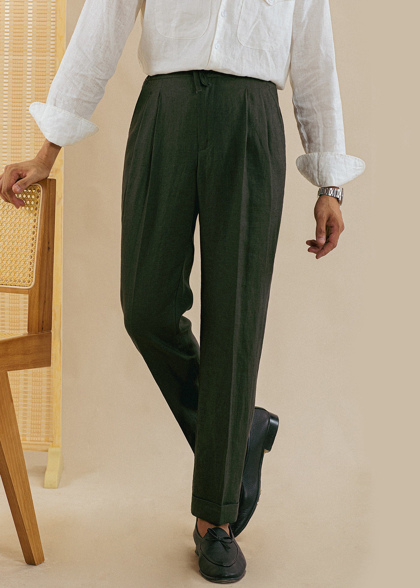 Green Pockets Linen Pants Clothing Drawstring