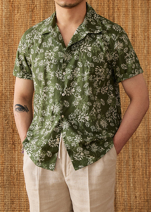 Green Print Button Cotton Shirt Peter Pan Collar Short Sleeve