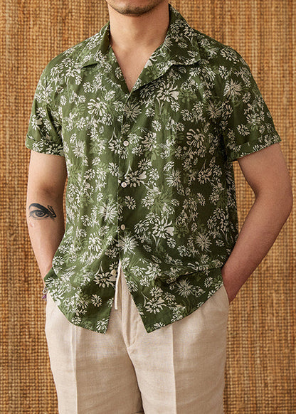 Green Print Button Cotton Shirt Peter Pan Collar Short Sleeve