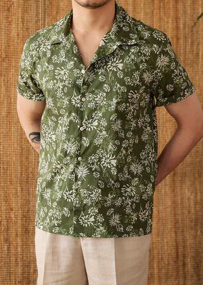 Green Print Button Cotton Shirt Peter Pan Collar Short Sleeve