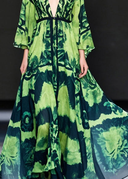 Green Print Chiffon Ankle Dress Deep-v Neck Exra Large Hem Spring