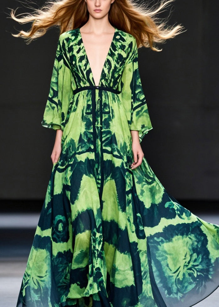 Green Print Chiffon Ankle Dress Deep-v Neck Exra Large Hem Spring