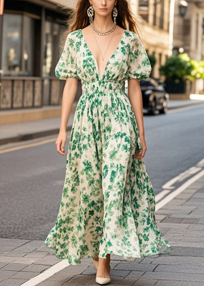 Green Print Chiffon Long Dresses Deep-v Neck Puff Sleeve