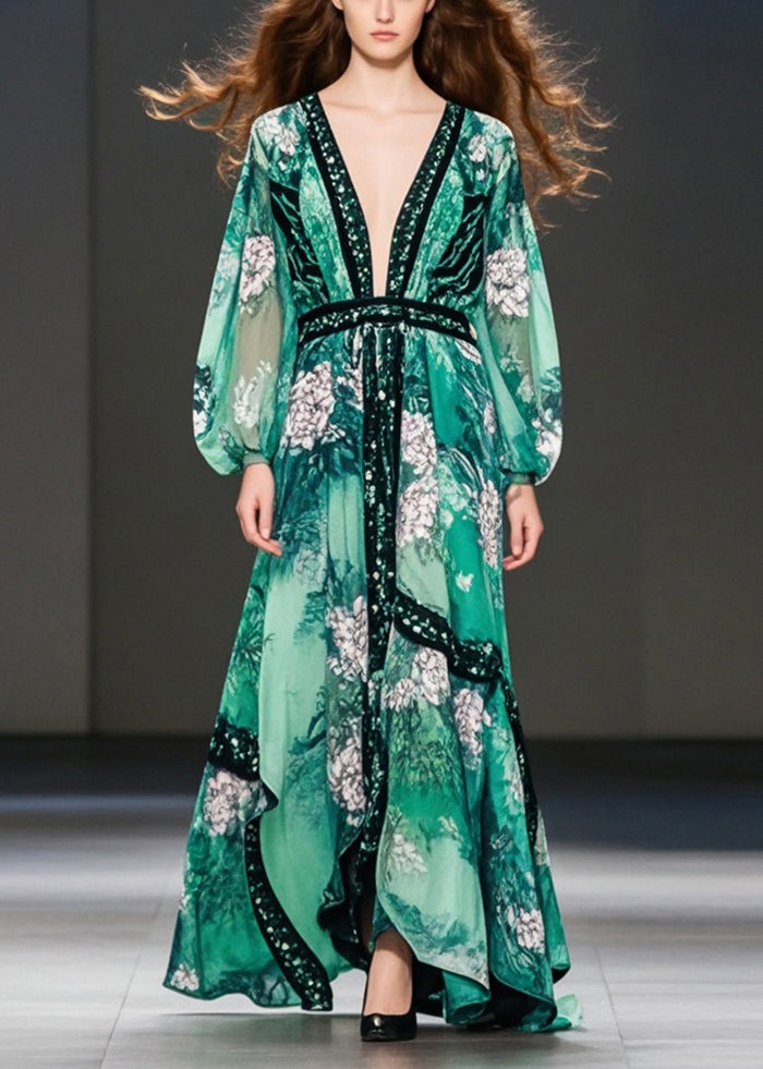 Green Print Chiffon Maxi Dresses Deep-v Neck Spring