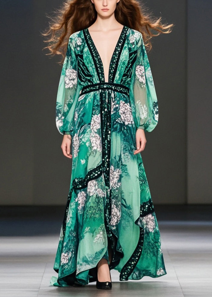 Green Print Chiffon Maxi Dresses Deep-v Neck Spring