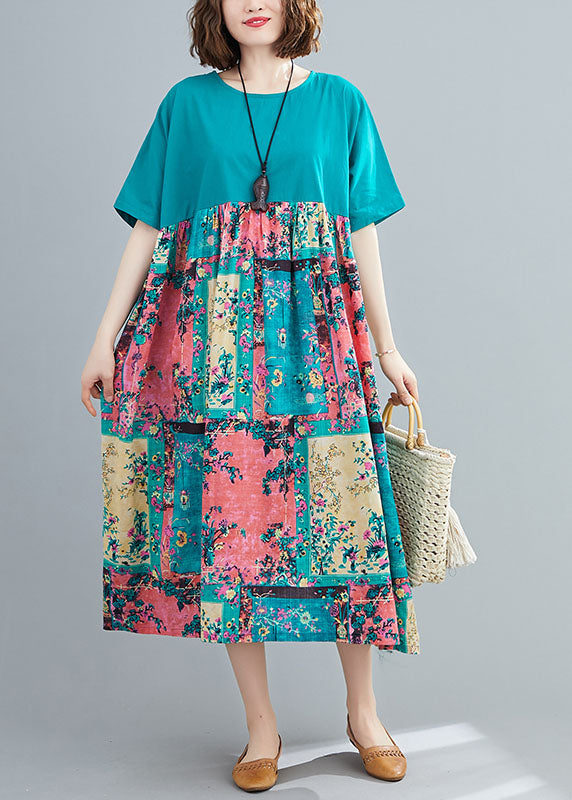 Green Print Cotton Maxi Dresses O-neck Oversized Summer