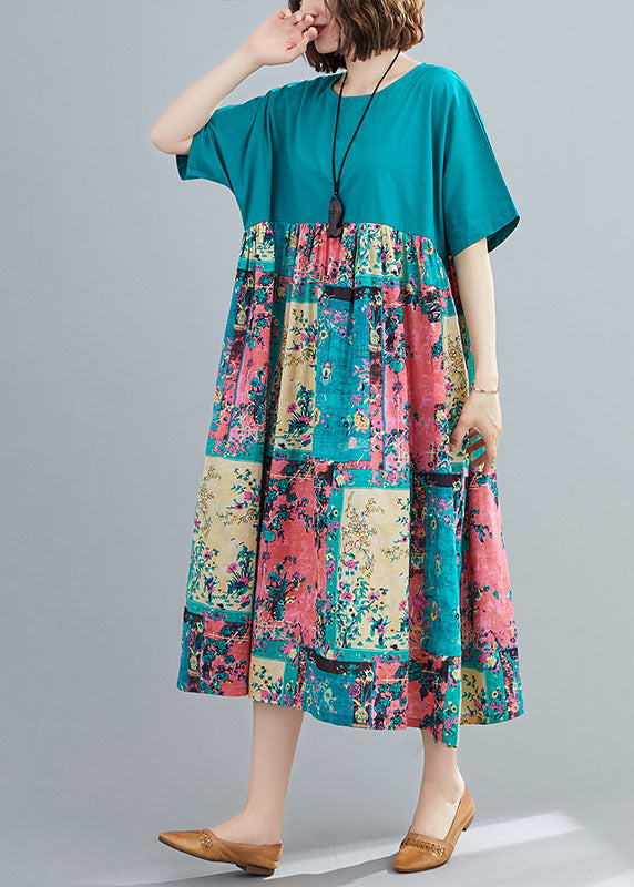Green Print Cotton Maxi Dresses O-neck Oversized Summer
