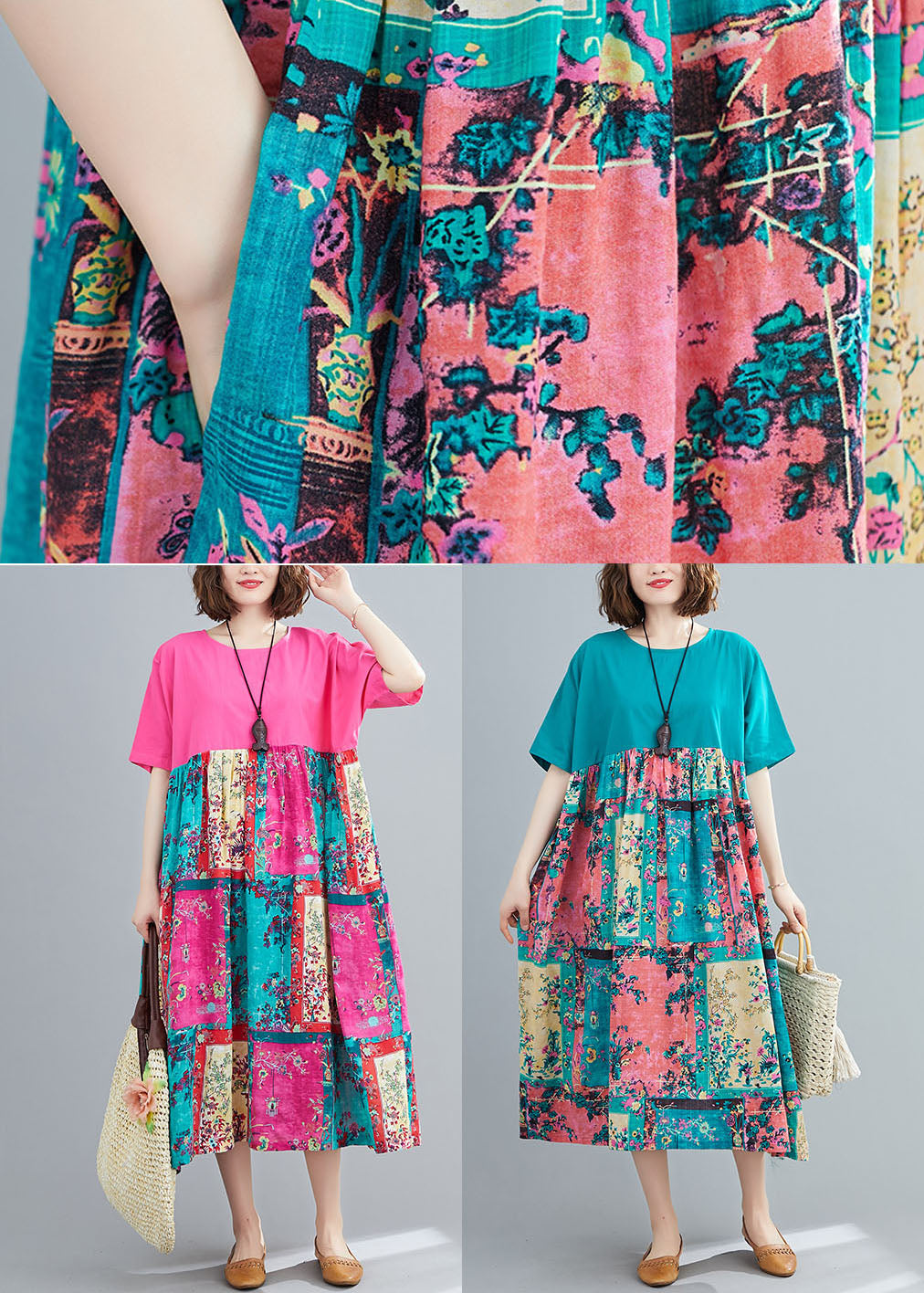 Green Print Cotton Maxi Dresses O-neck Oversized Summer