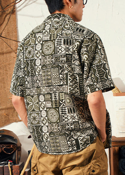 Green Print Cotton Shirts Peter Pan Collar Short Sleeve