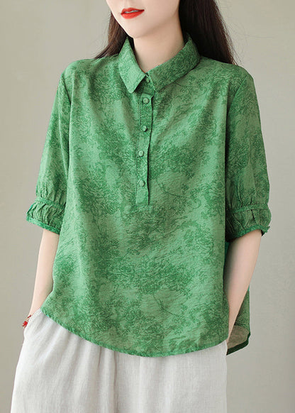 Green Print Cotton Shirts Peter Pan Collar Summer