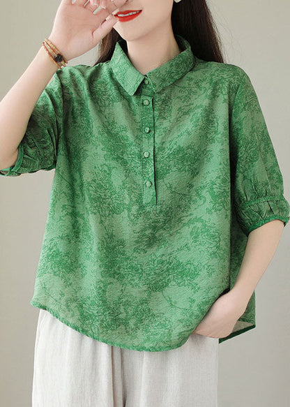 Green Print Cotton Shirts Peter Pan Collar Summer