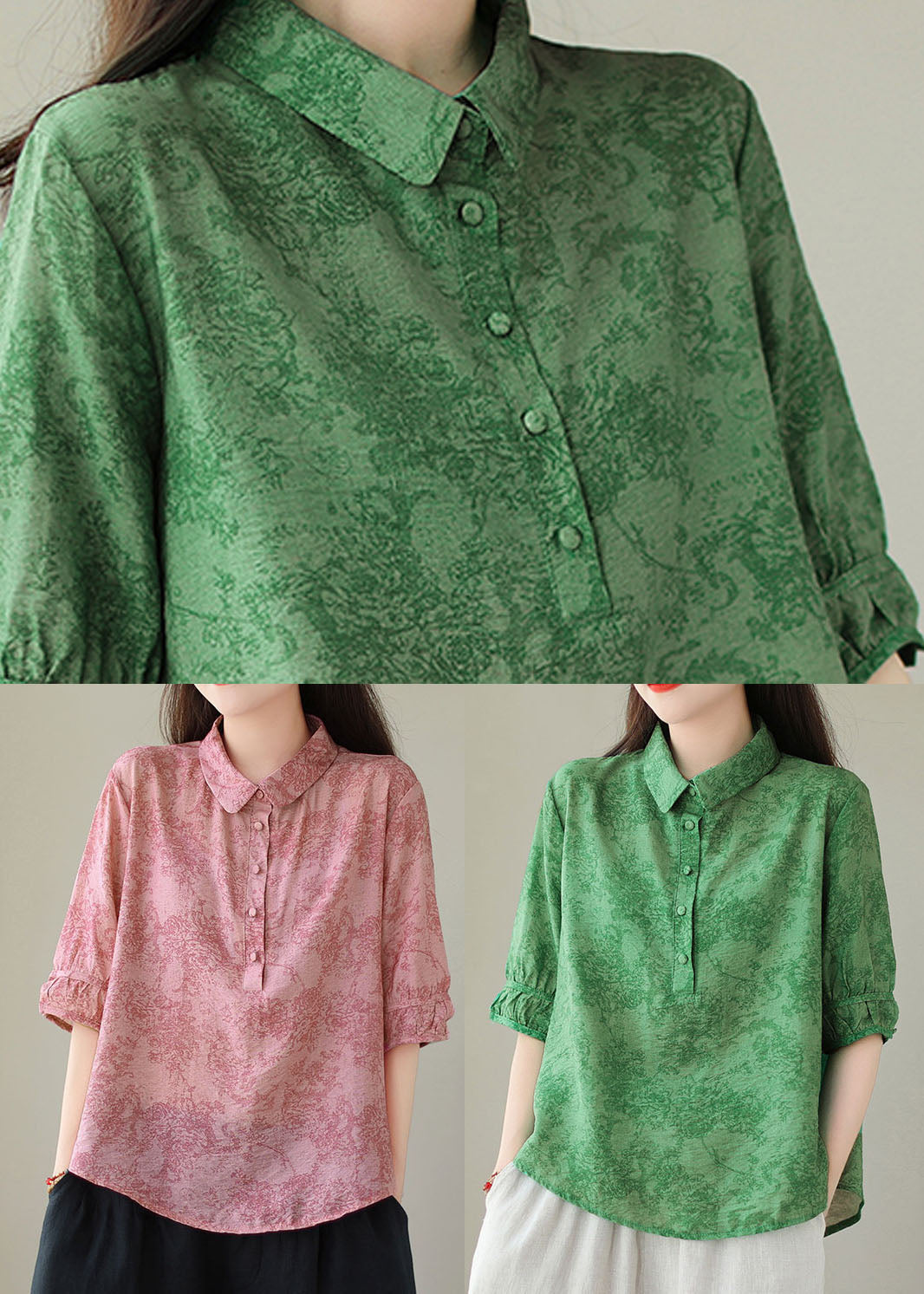 Green Print Cotton Shirts Peter Pan Collar Summer