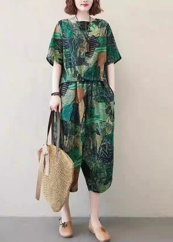 Green Print Cotton Tops and Crop Pants Two Piece Set O-neck Low High Design Summer