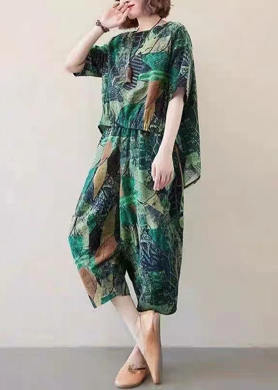 Green Print Cotton Tops and Crop Pants Two Piece Set O-neck Low High Design Summer