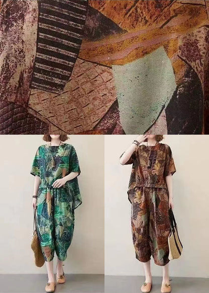 Green Print Cotton Tops and Crop Pants Two Piece Set O-neck Low High Design Summer