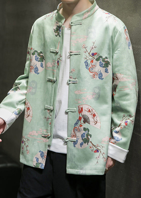 Green Print Faux Suede Coat Long Sleeve