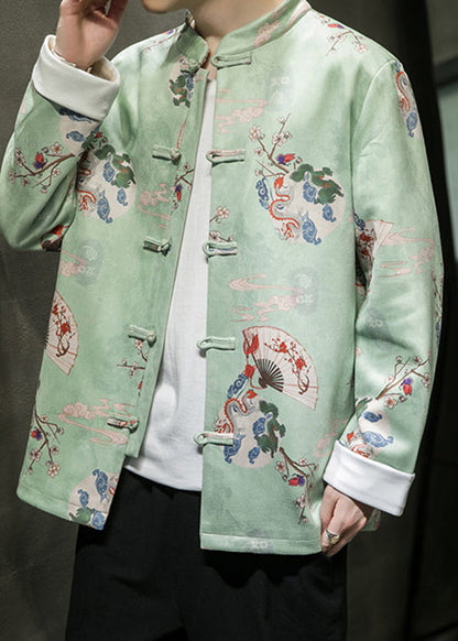 Green Print Faux Suede Coat Long Sleeve