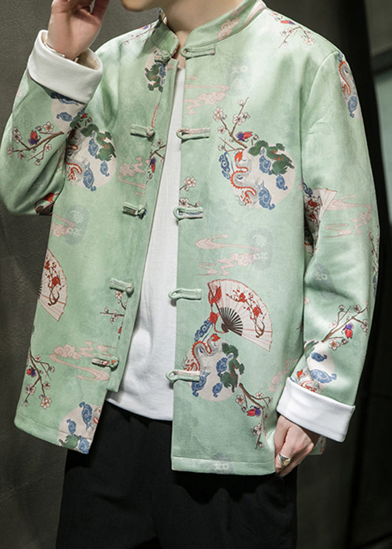 Green Print Faux Suede Coat Long Sleeve