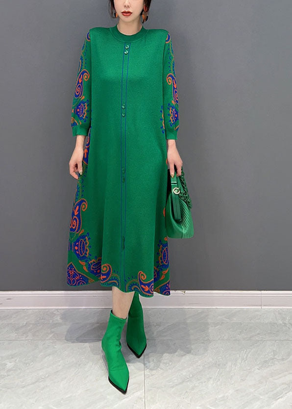 Green Print Knit Long Dresses O-neck Slim Fit Spring