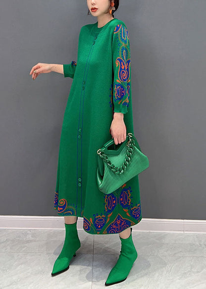 Green Print Knit Long Dresses O-neck Slim Fit Spring