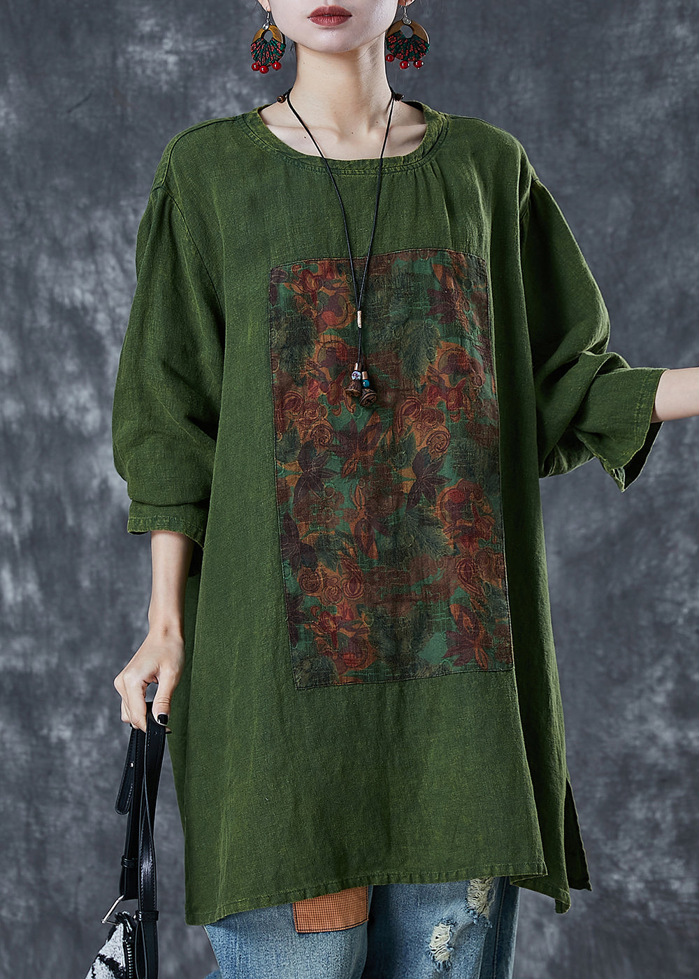 Green Print Linen Sweatshirts Top Oversized Fall