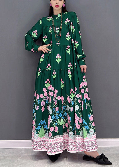 Green Print Long Beach Dresses Wrinkled Long Sleeve
