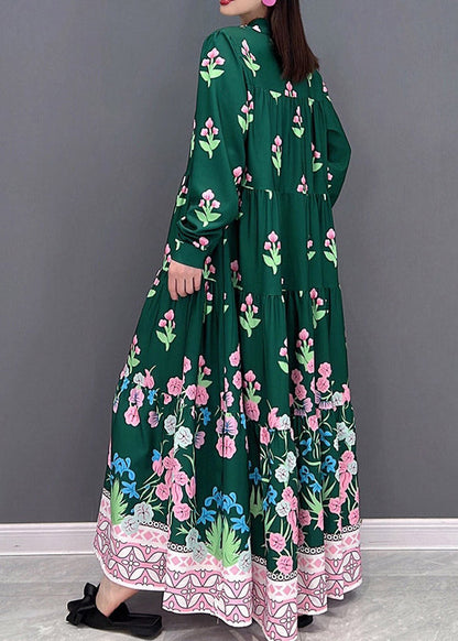 Green Print Long Beach Dresses Wrinkled Long Sleeve