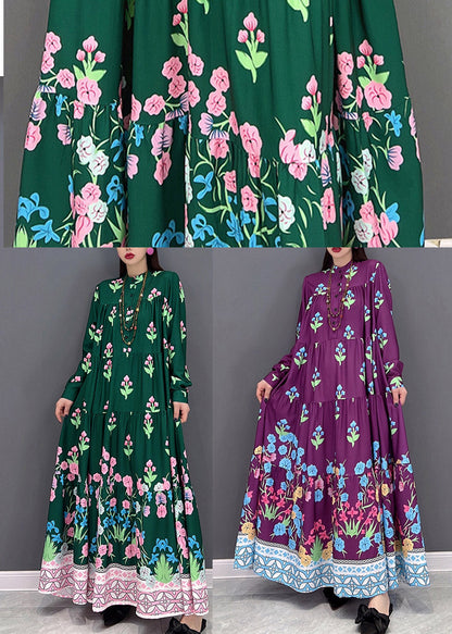 Green Print Long Beach Dresses Wrinkled Long Sleeve