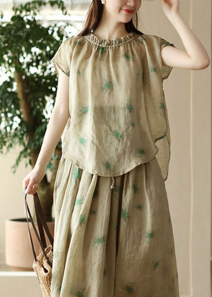 Green Print Patchwork Linen T Shirt Top Ruffled Short Sleeve