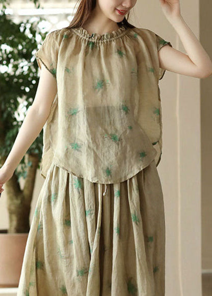 Green Print Patchwork Linen T Shirt Top Ruffled Short Sleeve