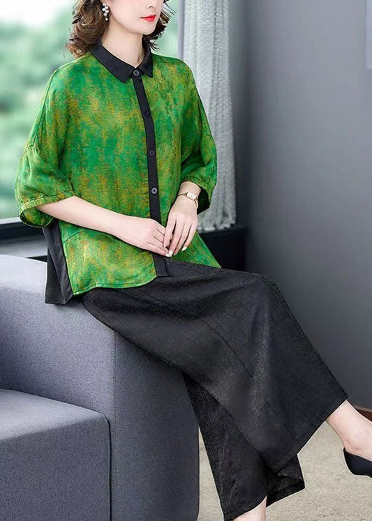 Green Print Patchwork Silk 2 Piece Outfit Shirts Tops and Pants Summer