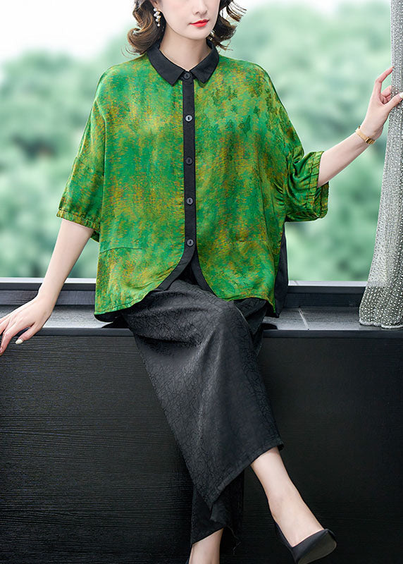 Green Print Patchwork Silk 2 Piece Outfit Shirts Tops and Pants Summer
