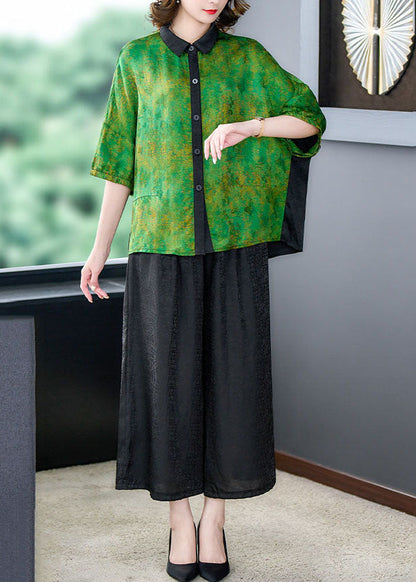 Green Print Patchwork Silk 2 Piece Outfit Shirts Tops and Pants Summer