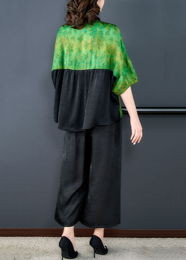 Green Print Patchwork Silk 2 Piece Outfit Shirts Tops and Pants Summer