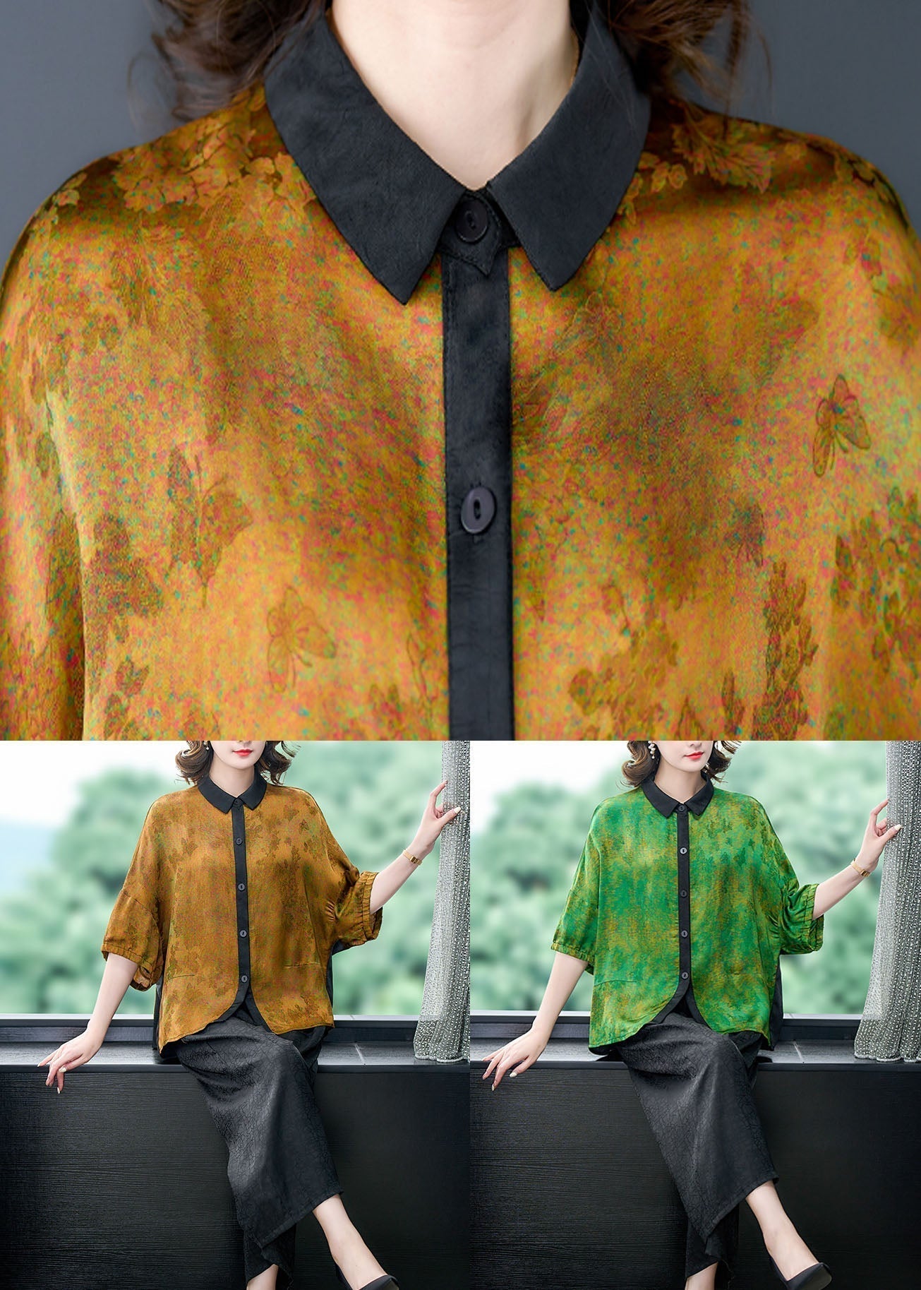 Green Print Patchwork Silk 2 Piece Outfit Shirts Tops and Pants Summer