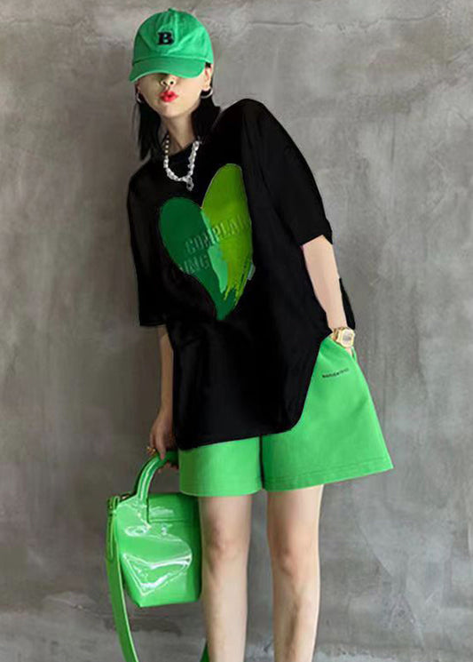 Green Print Patchwork Tops and Shorts Cotton Two-piece Set O-neck Short Sleeve