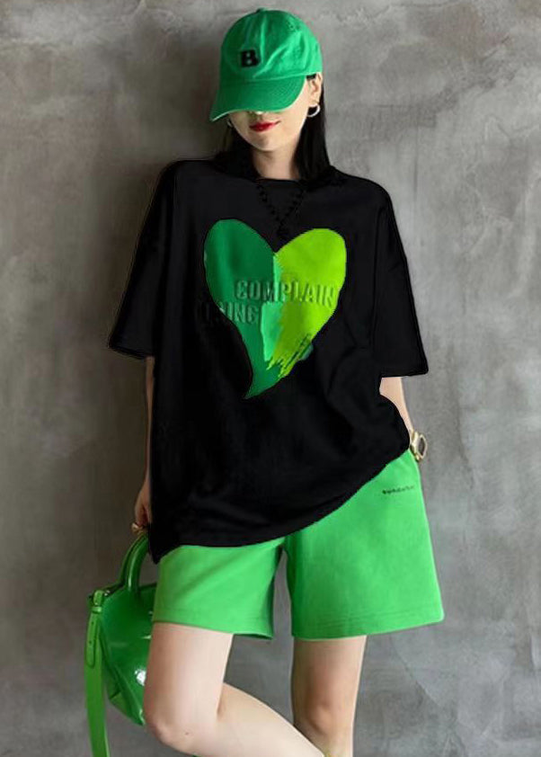 Green Print Patchwork Tops and Shorts Cotton Two-piece Set O-neck Short Sleeve