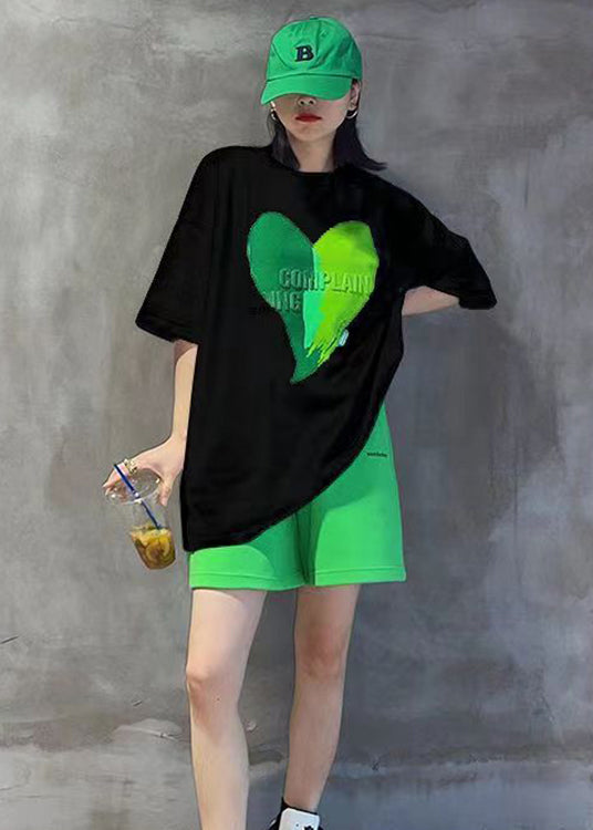 Green Print Patchwork Tops and Shorts Cotton Two-piece Set O-neck Short Sleeve