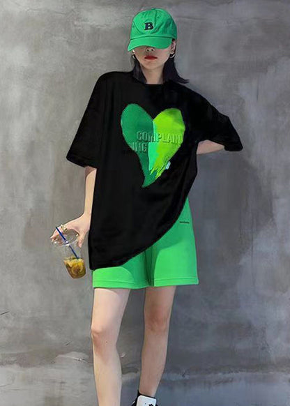 Green Print Patchwork Tops and Shorts Cotton Two-piece Set O-neck Short Sleeve
