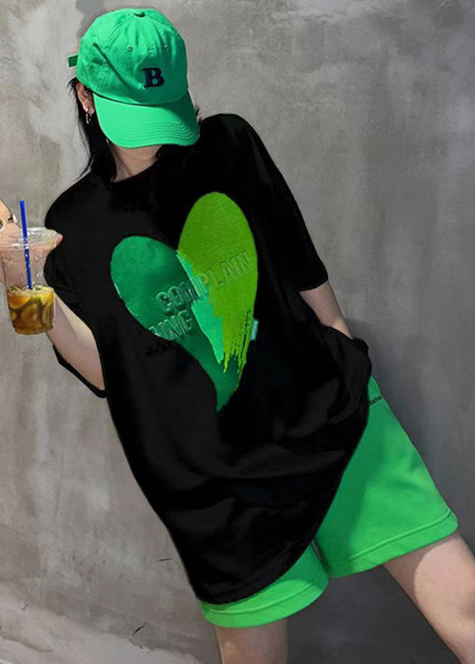 Green Print Patchwork Tops and Shorts Cotton Two-piece Set O-neck Short Sleeve