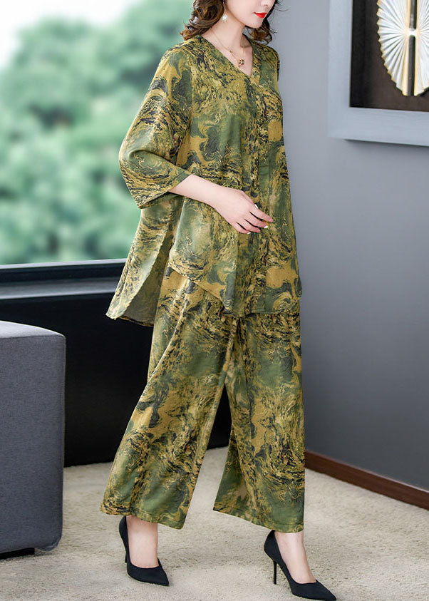 Green Print Pockets Silk Sets 2 Pieces Tops and Pants V Neck Summer